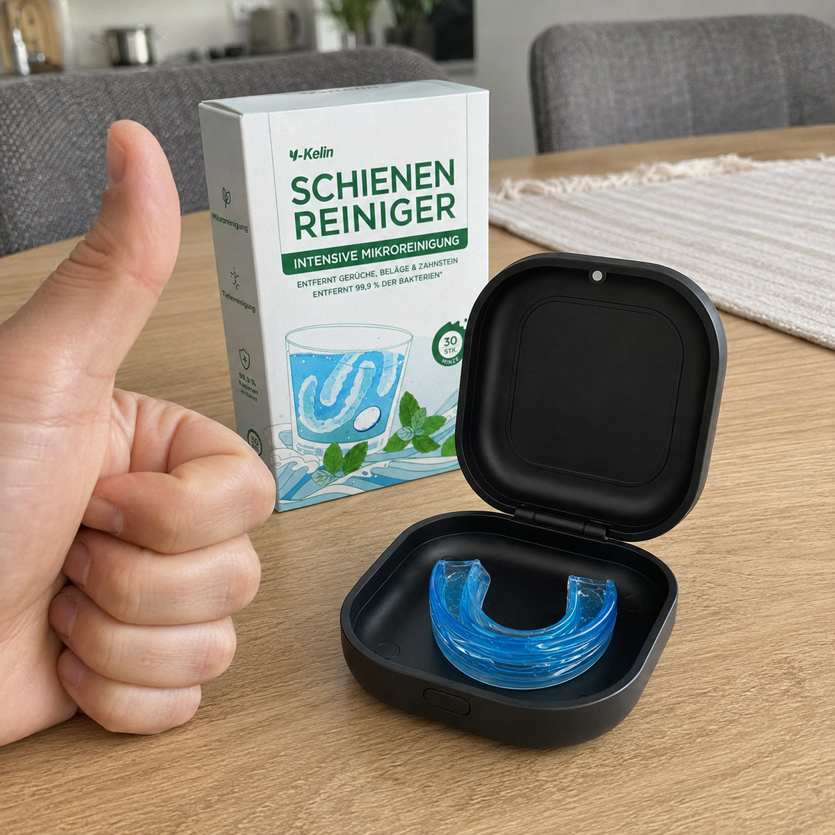Velion SleepGuard mit Schienenreiniger und Daumen hoch
